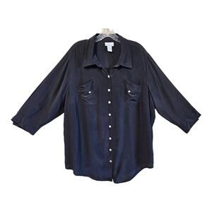 SOFT SURROUNDINGS Women's Plus 1X Silk Tunic Blouse Button Up Charcoal Black 50"